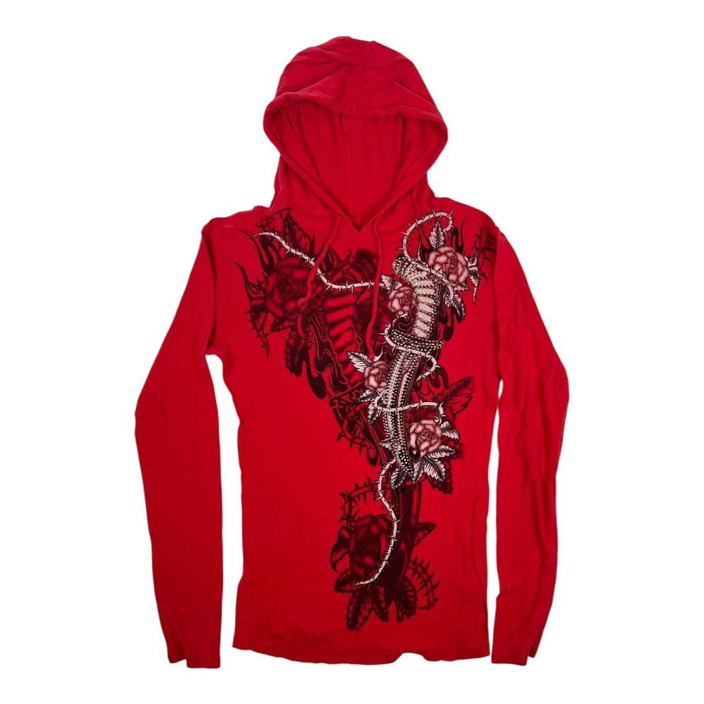 VTG Gothic Rose Dagger Shirt Womens S/M Red Hooded Long Sleeve Rhinestone Y2K
